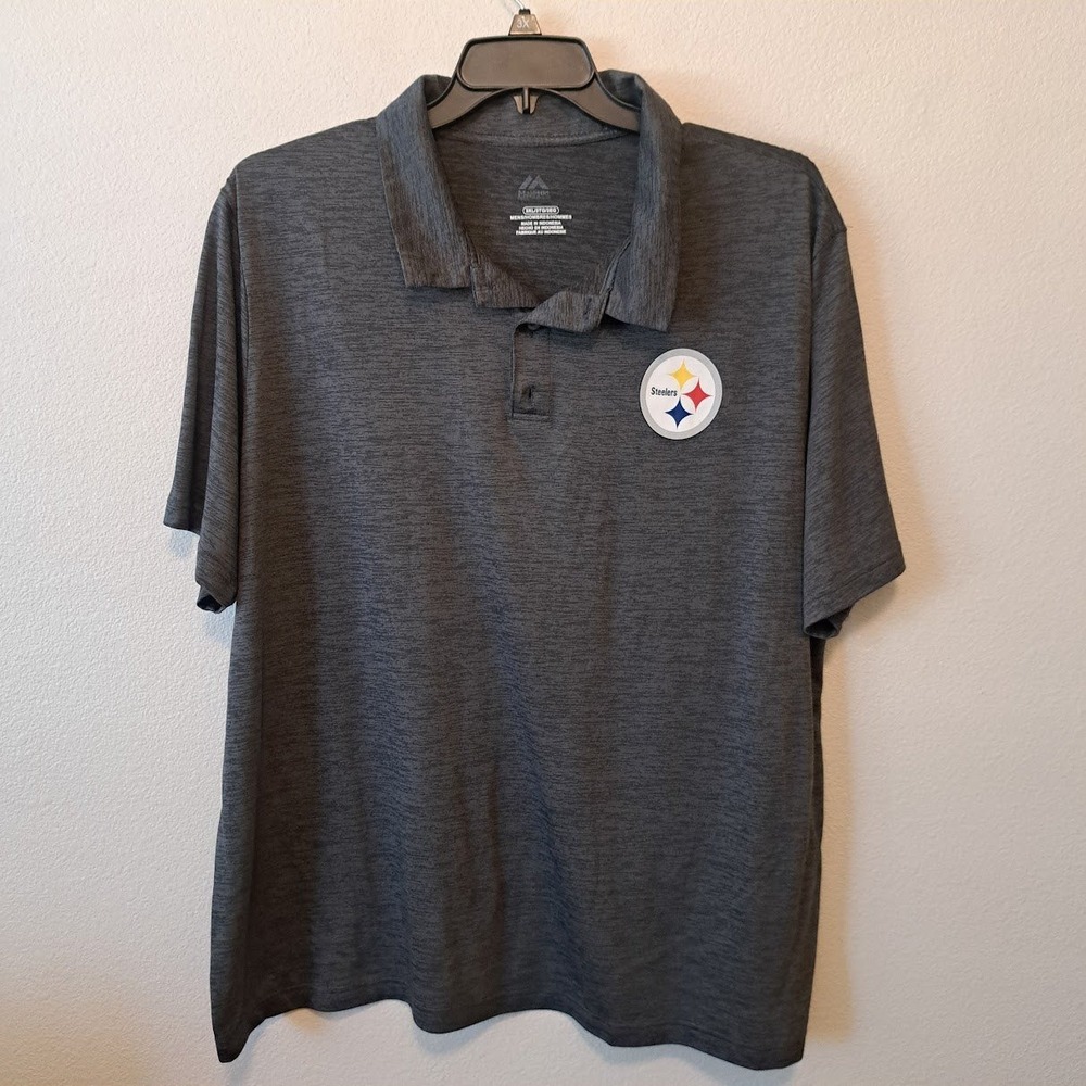 Majestic Pittsburgh Steelers Mens 3XL Polo Shirt Charcoal Gray Heathered Logo